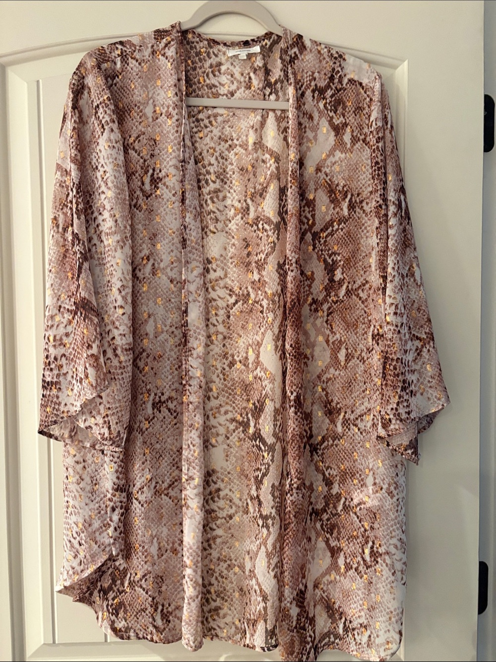 Maurices Pink Taupe Snake-Print Kimono with Gold Accents